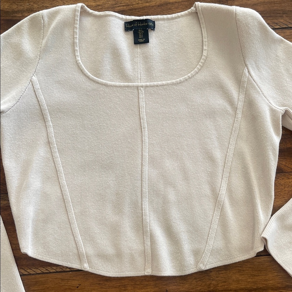 House of Harlow corset ribbed long sleeve scoop cropped beige knit sweater sz L